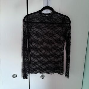 Black Lace Long-Sleeve Sheer Top